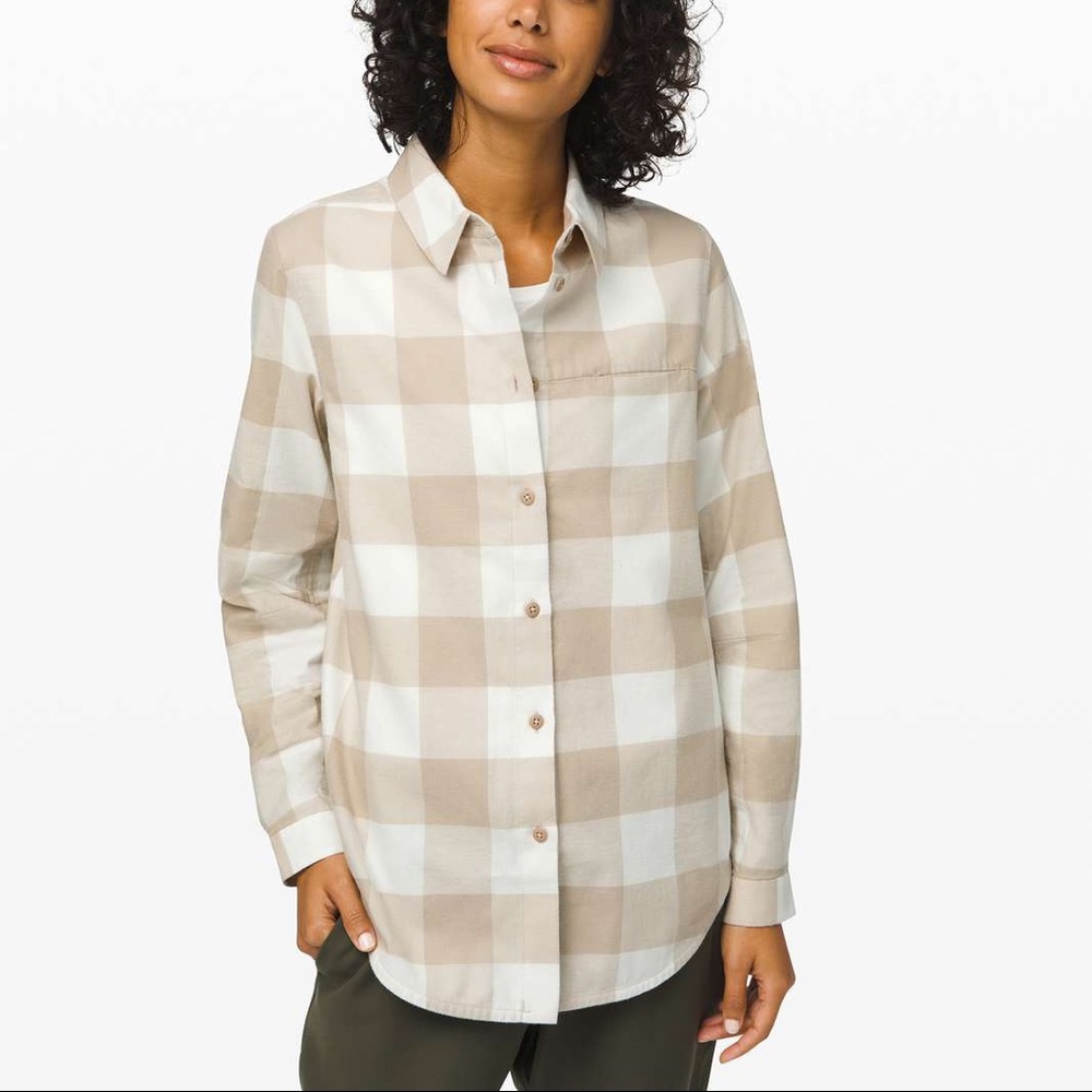Lululemon Full Day Ahead Revive Plaid Mojave Tan Nimbus Button Up Flannel Shirt
